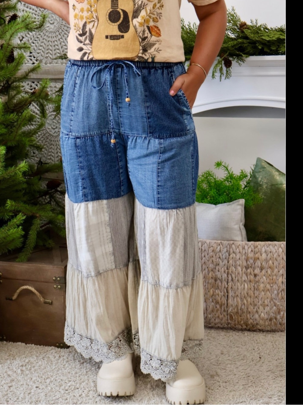 NWT Young Threads Patchwork Wide-Leg Pants in Blue and Cream